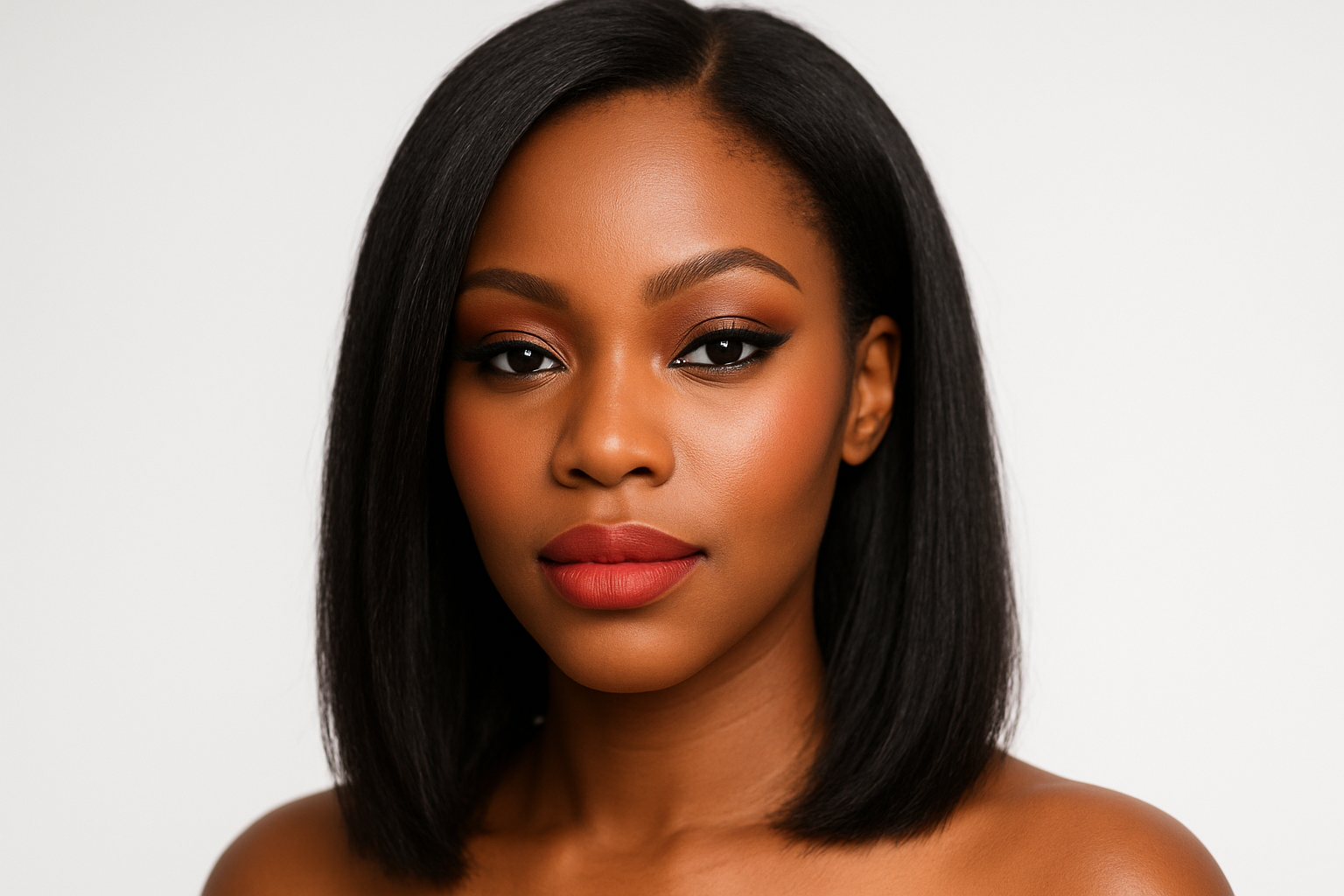 Black woman with makeup on with medium length natural straight hair on a white background